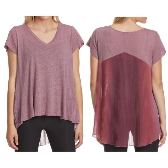 Penelope Rose Purple Garnet Pleated Ombre Back V-neck Short Sleeve Top - Picture 1 of 12